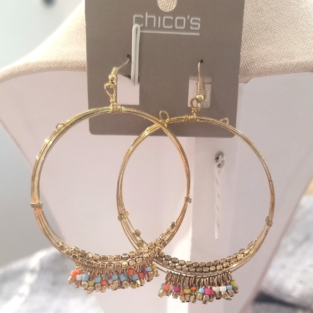 Chico's Gold Tone Indian Pakistani Style Hoop Earrings with Multicolor Beads